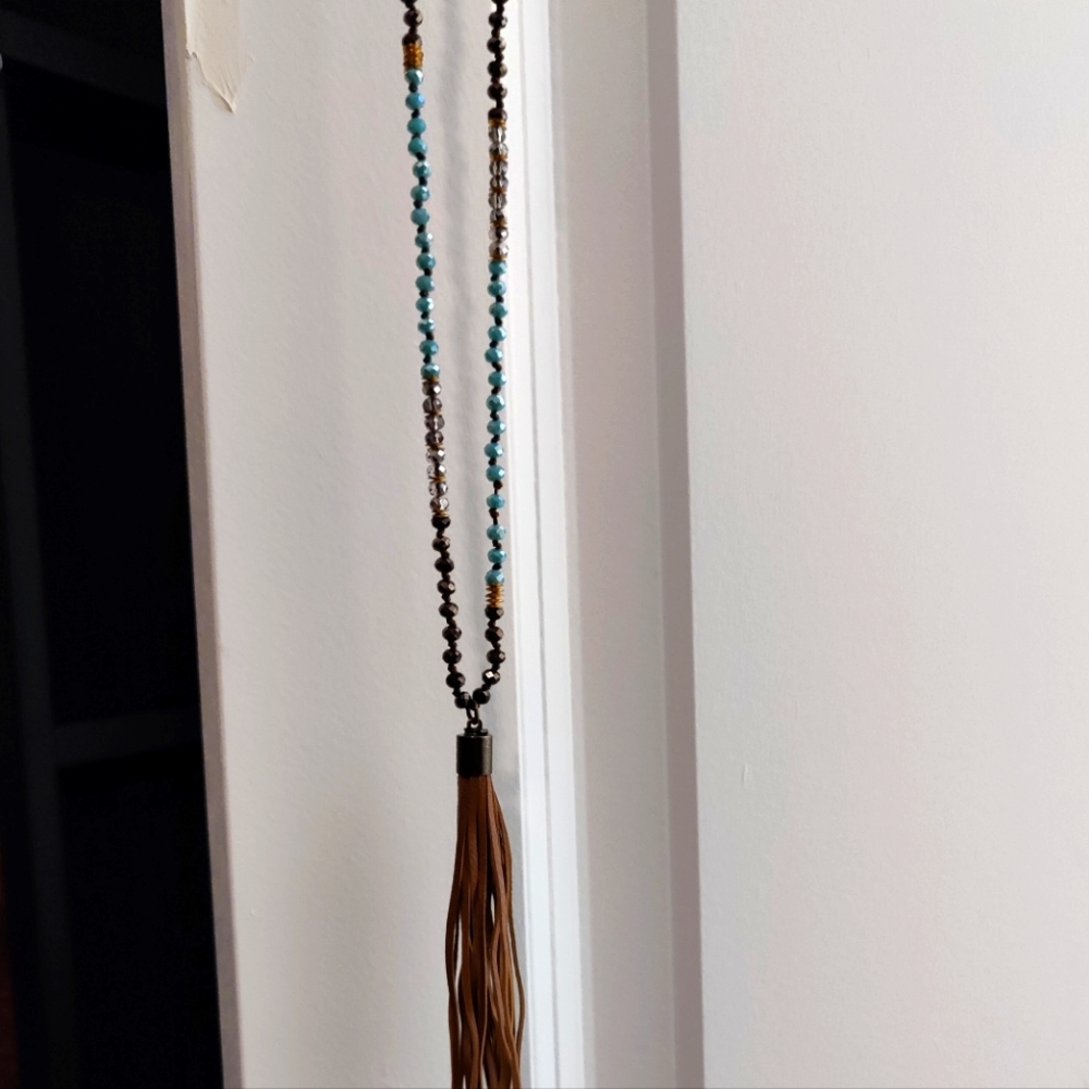 Turquoise and Brown Long Beaded Necklace